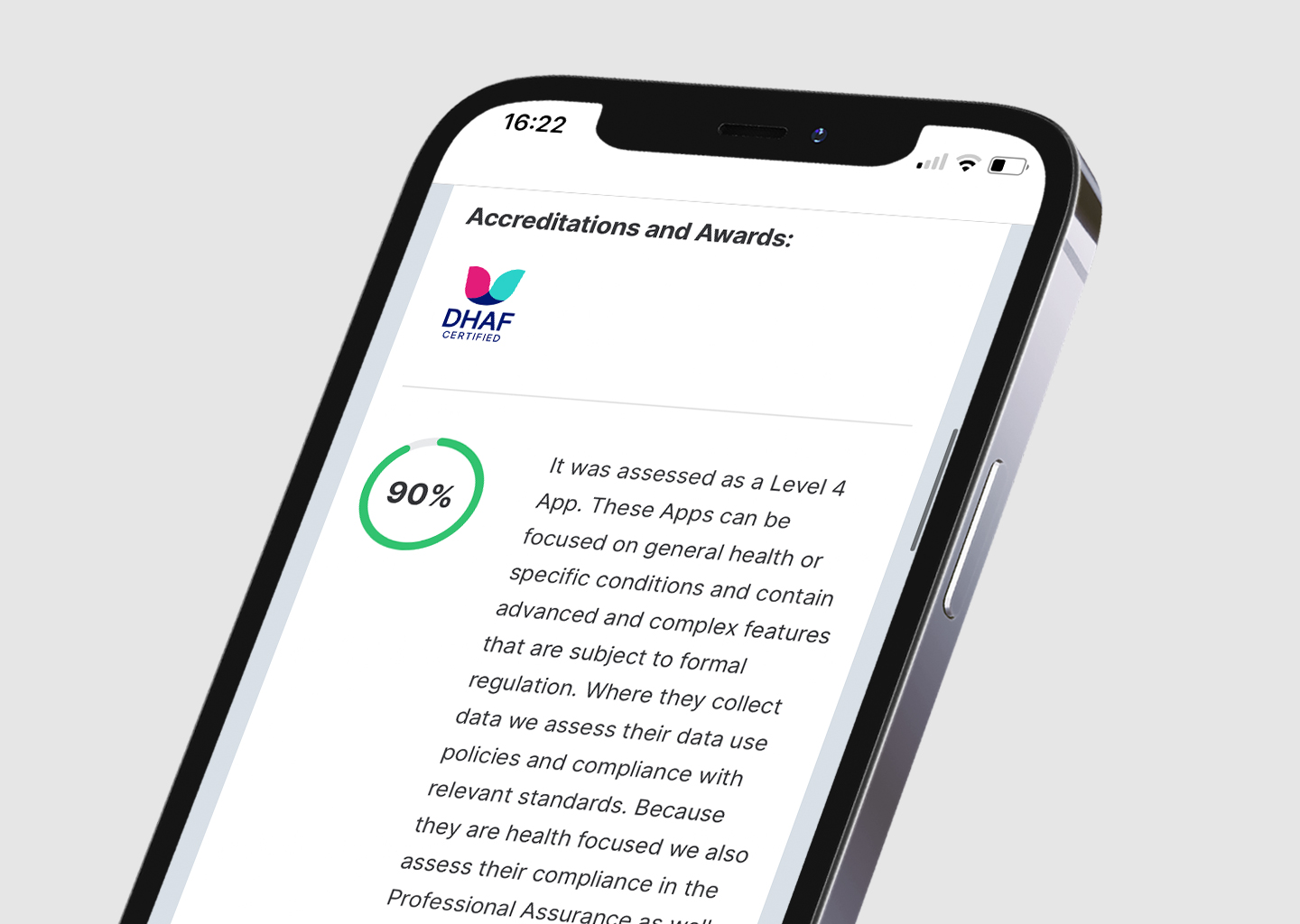 Digital Health Assessment Framework pass logo and information, shown on a smartphone