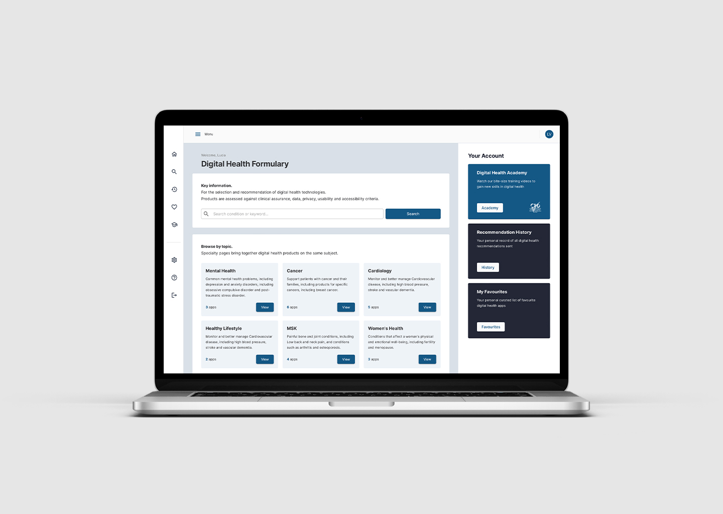 ORCHA digital health formulary dashboard, shown on a laptop