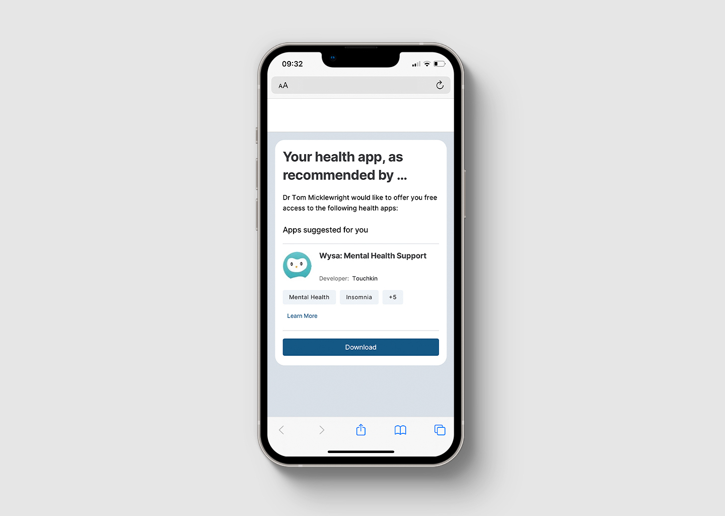 Health app recommendation from ORCHA digital health formulary, shown on a smartphone